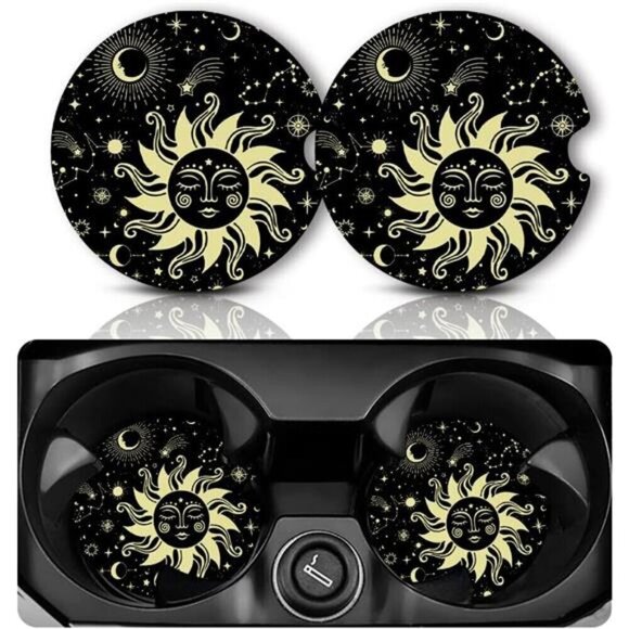 Car Cup Coasters Black Sun Flower  2-Pack Cup Holder Anti Slip Rubber Vehicle - Picture 1 of 6